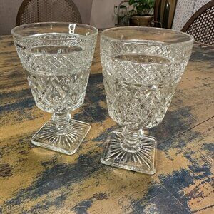Set of 2 Vintage Imperial Glass Clear Low Water Goblets With Wafer Stem